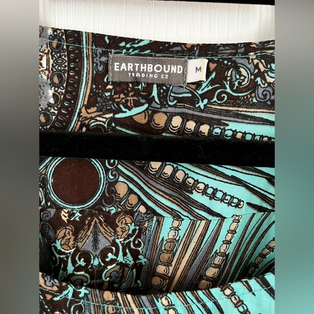 EUC Earthbound Trading Co. Teal & Feather Patterned Mini Dress Pockets Medium - Picture 9 of 14